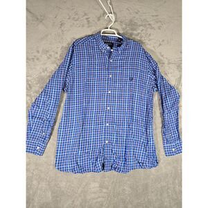 Chaps Shirt Mens Button Down XL Blue White Plaid Easy Care Twill Long Sleeve‎